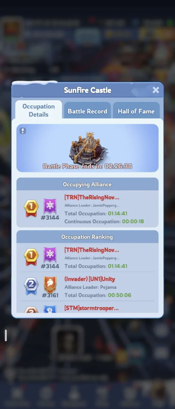 TRN occupying Sunfire Castle with 01:14:41; UN1 00:50:06